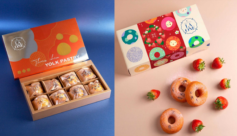 「鹽之花黃金菠蘿蛋黃酥禮盒」（左，700元／8入）、「草莓甜甜圈禮盒」（380元／5入，圖／LA ONE提供）