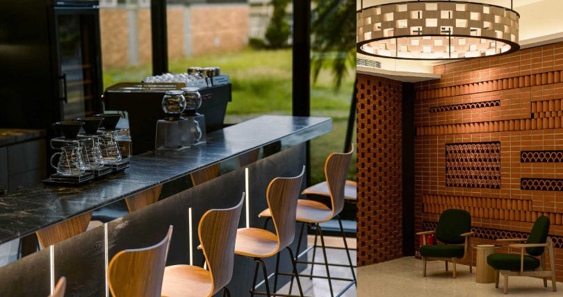 迎賓咖啡廳可見丹麥設計巨匠Arne Jacobsen設計的吧檯椅Series 7（左），以及獨具巧思的牆面設計和天花板裝飾。