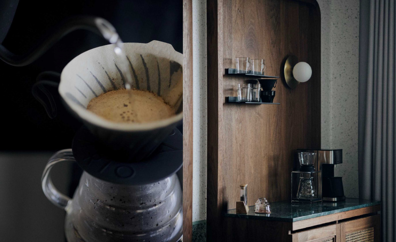 住客可以在客房沖煮由王策VWI by CHADWANG挑選的鮮磨咖啡與冠軍製茶師蘇冠杰的台灣茶。