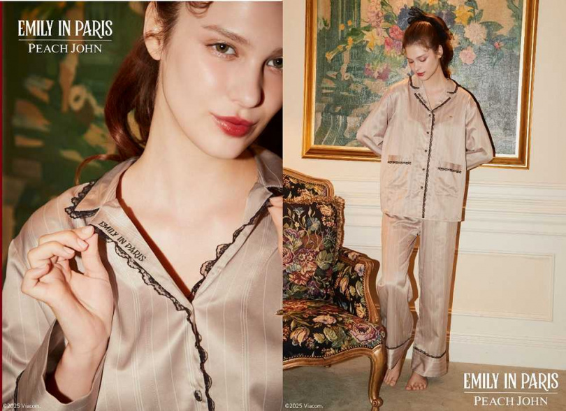 蕾絲滾邊裏起毛緞面襯衫睡衣組／2,090元（圖／品牌提供）