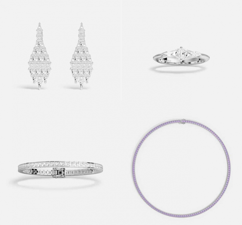 Art Deco垂墜耳環/6,200元,Art Deco戒指/2,400元,Lumière密鑲手鍊/6,600元,Lavande Lumière密鑲項圈/13,500元(圖/品牌提供)