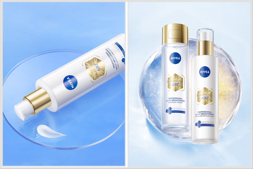 妮維雅LUMINOUS630肌光三酸煥膚極粹水120ml/799元、妮維雅LUMINOUS630肌光透白修護精華乳40ml/1,099元。(圖/品牌提供)