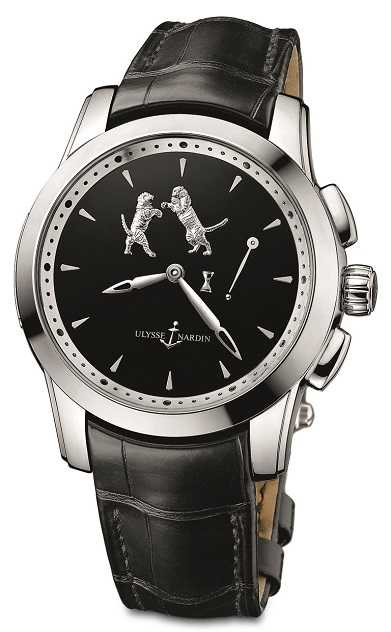 ULYSSE NARDIN「Classic Hourstriker Tiger雙虎」單問報時錶，43mm，鉑金錶殼，UN-610型自動上鍊機芯╱4,329,000元。（圖╱ULYSSE NARDIN提供）