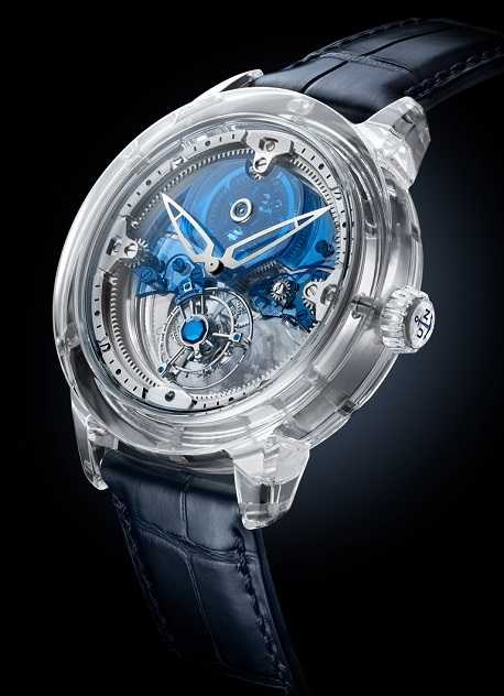 ULYSSE NARDIN「Royal Blue皇家陀飛輪」腕錶，44mm，藍寶石水晶玻璃錶殼，UN79型手動上鍊機芯，限量18只╱8,529,500元。（圖╱ULYSSE NARDIN提供）