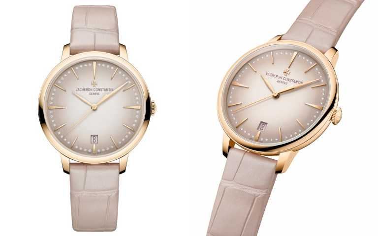 Patrimony 自動上鍊腕錶採用漸變式胭粉色錶盤，錶面中心由淺至深擴散，增添色澤的層次與光影靈動性。（圖／品牌提供）
