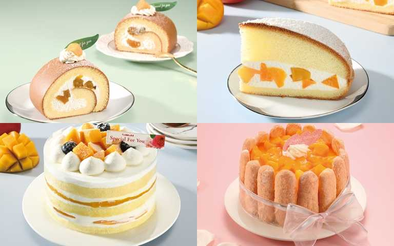 （左上）芒果凍生乳捲切片、（左下）裸感芒果蛋糕、（右上）鮮芒波士頓、（右下）鮮芒夏洛特。