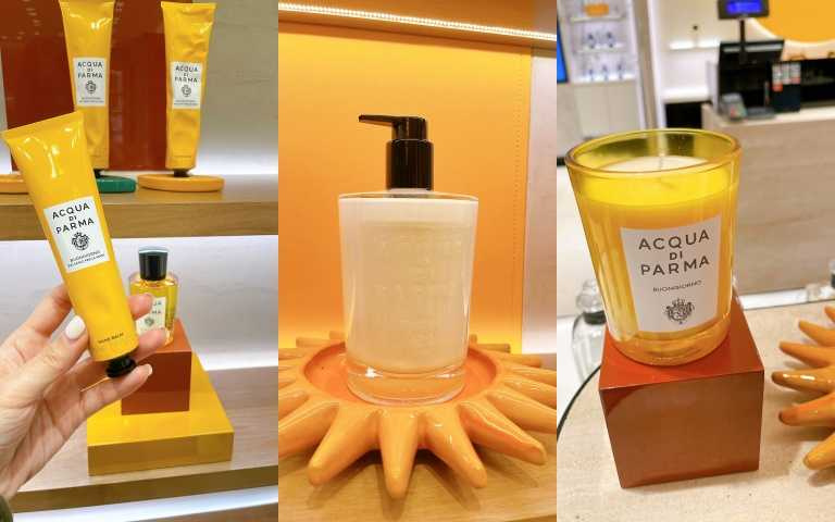 Acqua di Parma 早安護手霜 75ml/2,000元;早安護手乳330ml/3,600元、早安護手乳補充包330ml/2,500元;早安香氛蠟燭(既有品項)200g/3,100元(圖/黃筱婷攝)