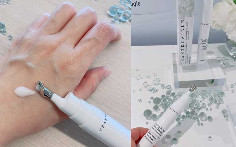 陶瓷按摩頭設計搭配輕盈水感質地，針對黑眼圈與暗沉眼周，幫助提亮同時舒緩。香緹卡 雪牡丹臻白透亮眼部精華15ml／8,700元（圖／黃筱婷攝影）