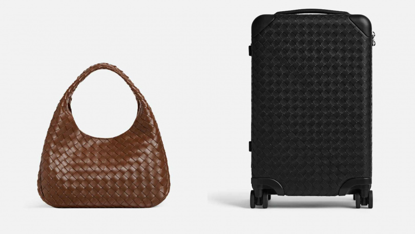 BOTTEGA VENETA Campana 焦糖色編織皮革肩背包／148,500元，Odyssey Intrecciato 編織皮革登機箱 ／297,800元（圖／品牌提供）