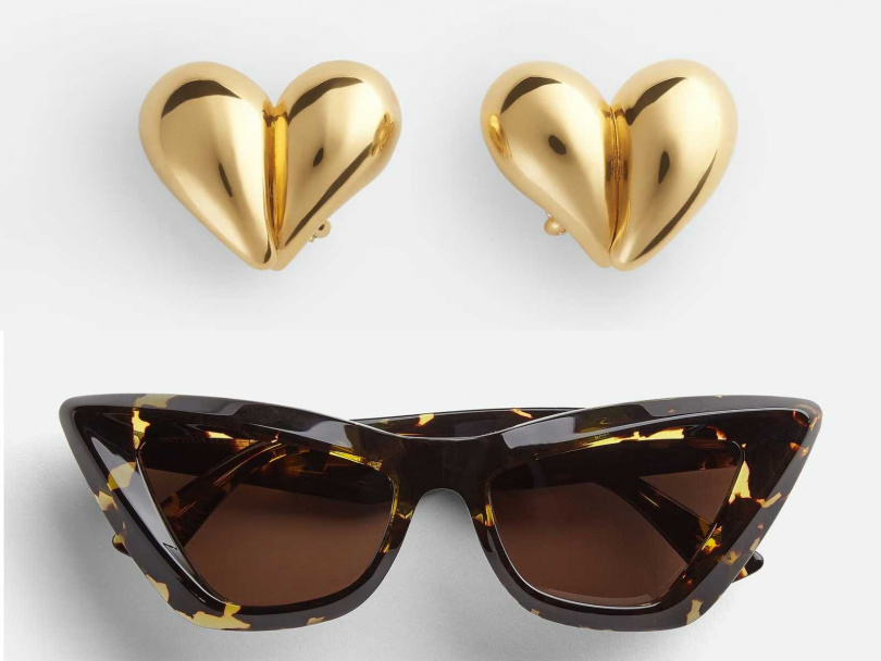 BOTTEGA VENETA Drop 純銀鍍18K金夾式耳環／37,700元，貓眼太陽眼鏡／15,500元（圖／品牌提供）