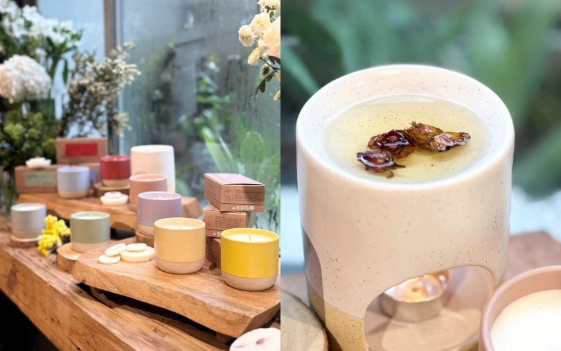 小編個人最愛的自然元素系列！除了燭杯之外，還有陶瓷香薰座搭配香氛蠟片的款式，燃燒之後還可看見花材飄落於其上，好美喔~。（圖／吳雅鈴攝）