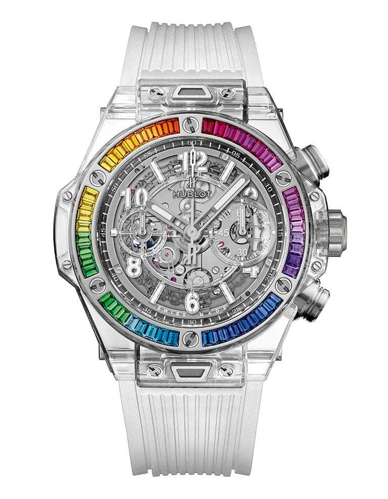 HUBLOT「BIG BANG UNICO」藍寶石彩虹腕錶，全球限量50只╱2,911,000元。（圖╱台北101提供）