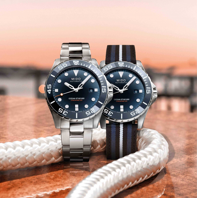 MIDO「Ocean Star海洋之星」金秀賢聯名特別版腕錶，備有緞面拋光不鏽鋼錶帶、快拆式NATO織物風格錶帶可供選擇╱58,000元。（圖╱MIDO提供）