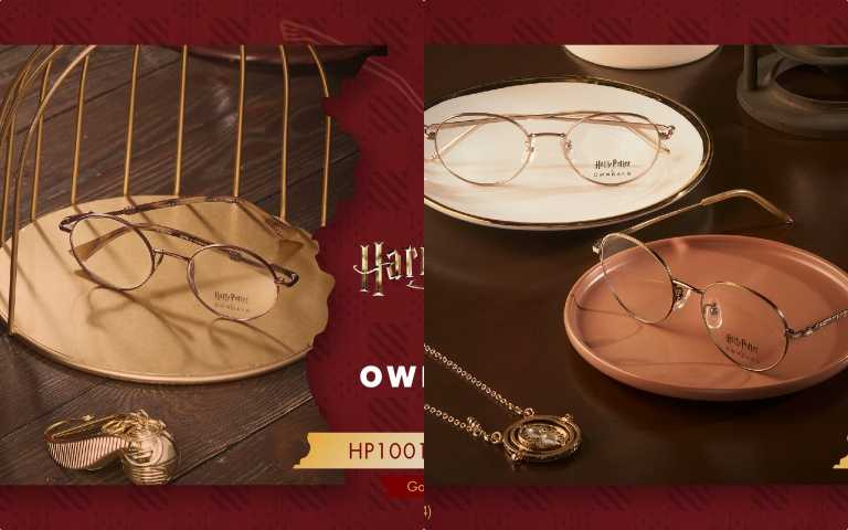 (左)《Harry Potter × OWNDAYS》聯名系列眼鏡 「HP1001B-4S」以魁地奇運動場為設計主題、(右) 「HP1002B-4S」款式以妙麗·格蘭傑的魔法道具為靈感（圖／品牌提供）