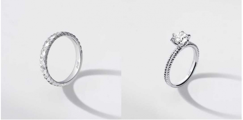 經典月桂系列：Laurel Serenity 鉑金鑲鑽戒指／約 76,000元；Laurel of Love 鉑金圓形明亮式鑽石戒指／約 797,000元（圖／品牌提供）