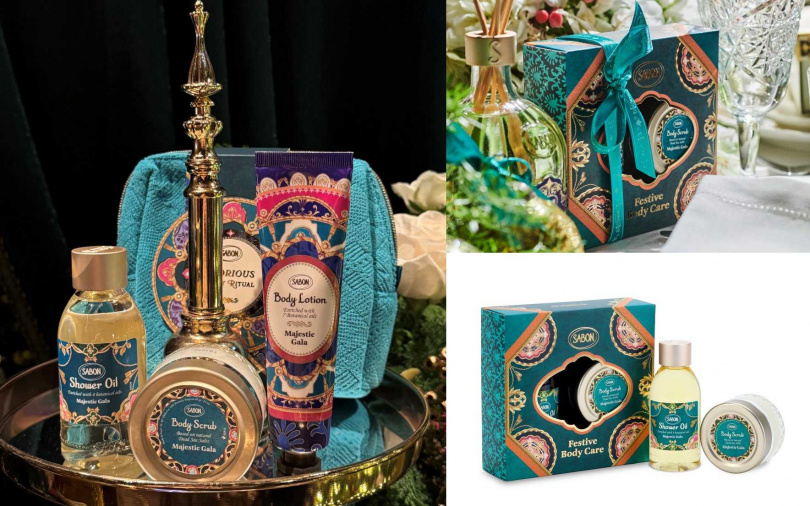SABON明星三部曲禮盒(流光夜宴限定包裝)/1,980元、流光夜宴沐浴磨砂禮盒/980元(圖/吳雅鈴攝、品牌提供)