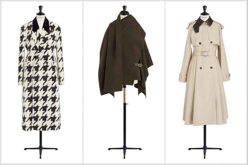 Dior 千鳥格紋大衣/260,000元、、Dior 深棕色 CD 釦皮帶裝飾斗篷大衣/380,000元、Dior 黑色皮革領口裝飾米色風衣/270,000元。(圖/品牌提供)