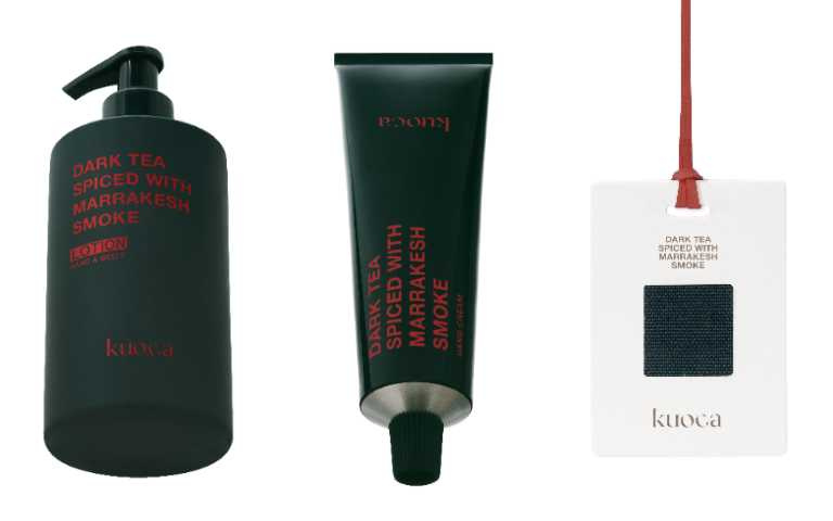 kuoca 黑茶護手霜 50ml/820元、潔膚露 300ml/1,200元、潤膚乳 300ml/1,400元、香氛片/660元(圖/品牌提供)