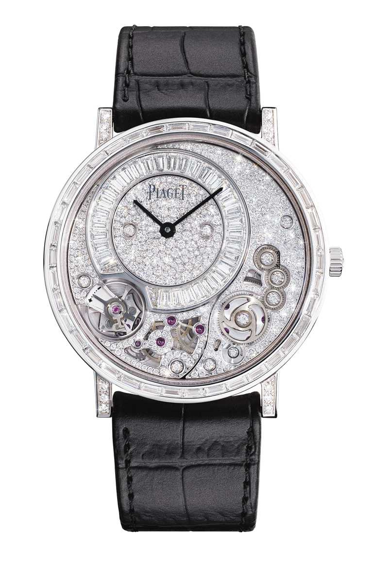 PIAGET「Altiplano系列18K白金高級珠寶手動上鍊鑽石超薄腕錶」，18K白金錶殼，38mm╱5,800,000元。（圖╱PIAGET提供）