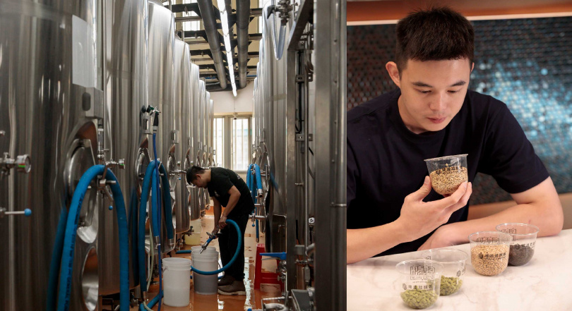 發酵槽會依據不同啤酒類型投入不同酵母（左），民眾未來可加價試吃、試聞啤酒原物料，例如黑麥、皮爾森麥芽、帶有椰子風味的Sabro啤酒花等。