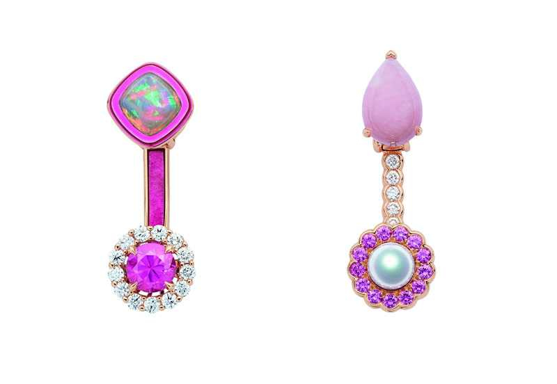 DIOR「Dior et Moi」粉紅藍寶石與蛋白石不對稱耳環（圖片提供╱DIOR）