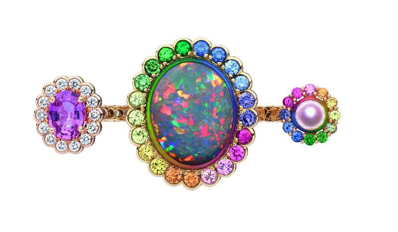 DIOR「Dior et Moi」黑色蛋白石與粉紅藍寶石、珍珠雙指戒（圖片提供╱DIOR）