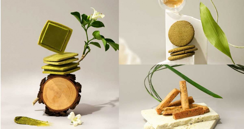 「茉莉茶香奶霜夾心」（左）、「龍潭金萱茶餅乾」（右上）、「宜蘭三星蔥胡椒餅乾」。（ 圖／Aunt Stella詩特莉提供） 