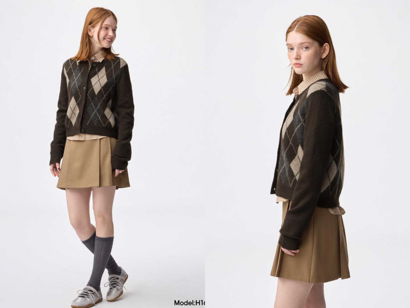 GU 菱格紋puff蓬鬆柔軟圓領針織開襟外套/690元(圖/品牌提供)