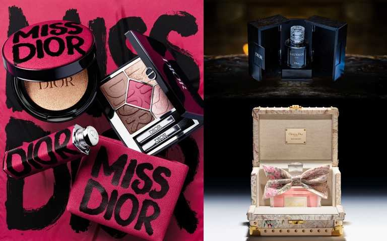 左起：2025全新迪奧【 MISS DIOR塗鴉限量彩妝】、迪奧曠野之心淬鍊香精頂級巴卡拉水晶珍藏版、全新《迪奧Miss Dior香精 奢華訂製珍藏版》（圖／品牌提供）