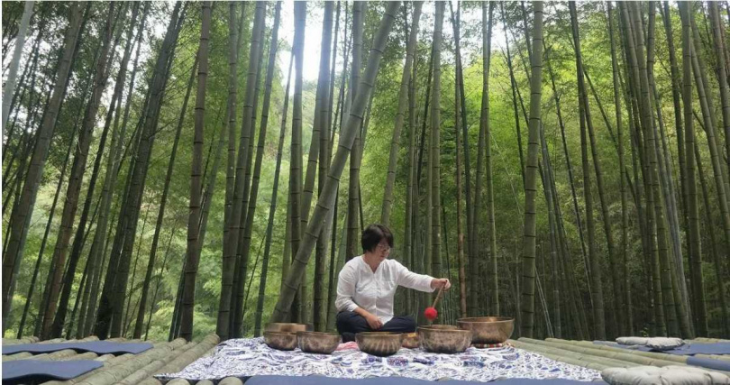 森林邦團隊設計出一系列運用五感體驗感受竹林療癒的活動，包括頌缽、瑜伽等。