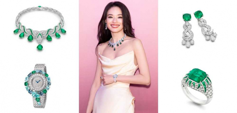 舒淇配戴的寶格麗Mediterranea系列珠寶與Serpenti Incantati Tourmalines Paraiba腕錶。（圖／品牌提供）