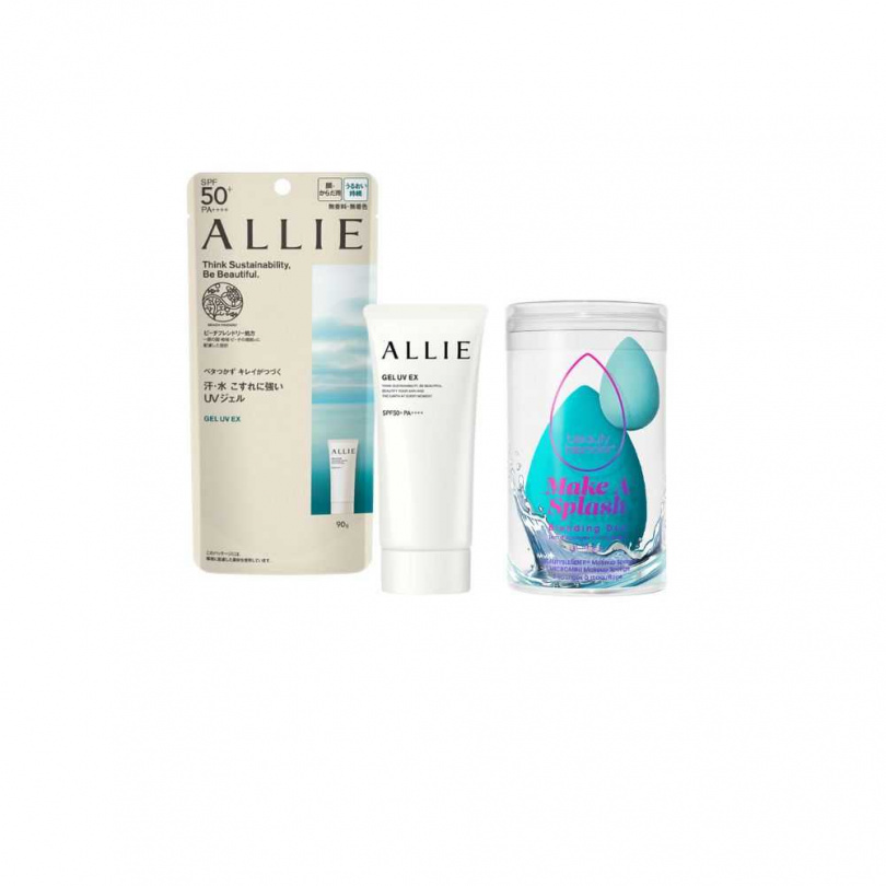 神級限量組合一：水漾防曬限量組，內含：beautyblender水漾精靈雙件組X1 + ALLIE 持采UV高效防曬水凝乳EX 90gX 1，原價1,840元，新品上市限定價1,650元（圖／品牌提供）