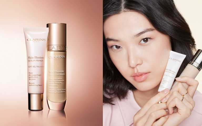 CLARINS 蘋果光妝前精華乳 30ml / 1,800元、蘋果光持久柔霧粉底液 30ml / 2,200元（圖／品牌提供）