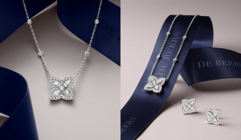 De Beers Enchanted Lotus 18K白金鑽石吊墜項鍊、耳環（圖／品牌提供）