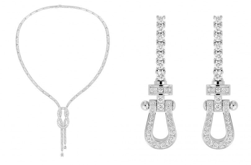 FRED「Chance Infinie」 白金項鍊，鑲嵌兩顆梨形切割鑽石、「Force 10」系列耳環18K白金和密鑲鑽石（圖／品牌提供）