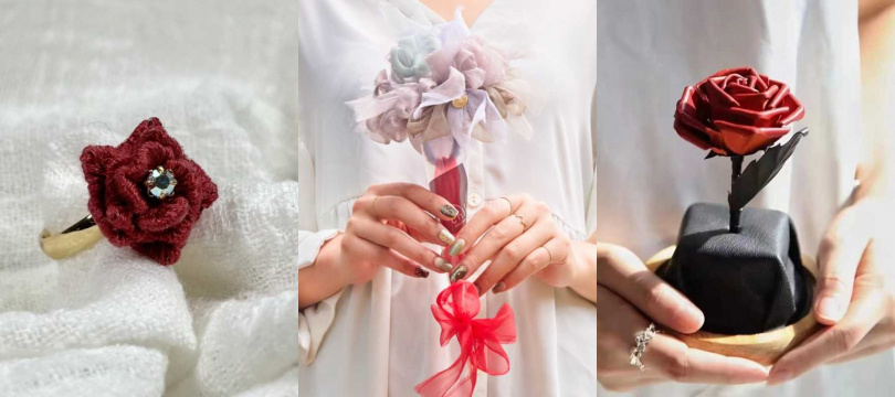 (由左至右:Pinmium|手工立體刺繡戒指;chiko|髮圈花束;感物|牛皮玫瑰花(圖/Pinkoi提供)