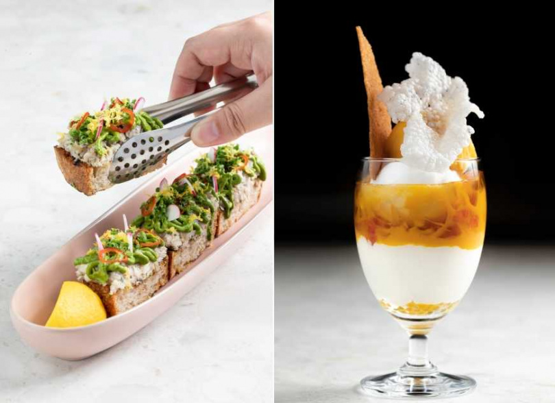 「虱目魚吐司、蒔蘿酸奶醬、櫻桃蘿蔔」（左，360元）、「楊枝甘露帕菲」。（320元）
