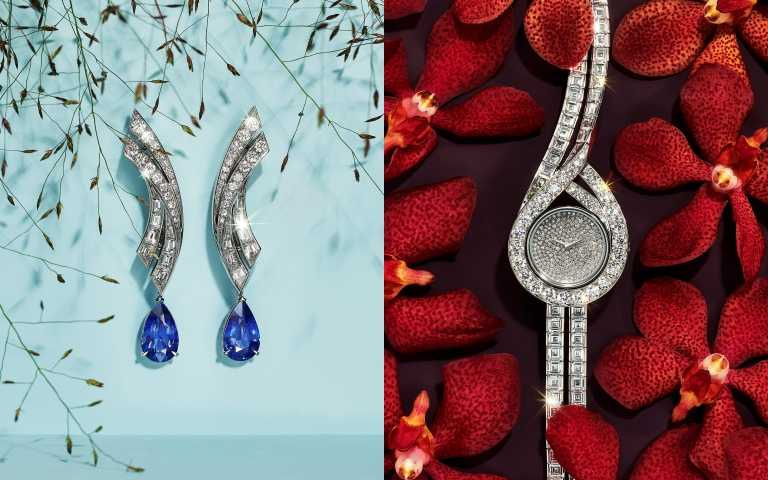 <左>Tiffany Blue Book BOTANICA高級珠寶系列鉑金鑲嵌兩顆總重逾 9 克拉未經優化處理斯里蘭卡藍寶石和鑽石耳環、<右>Tiffany Blue Book BOTANICA高級珠寶系列18k 白金鑲嵌總重逾16 克拉圓形明亮式切割鑽石腕錶。（圖／品牌提供）