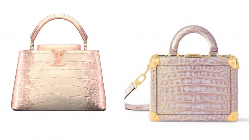 (左)Capucines BB 撒哈拉金屬玫瑰金鱷魚皮包款/1,440,000元,Petite Valise 玫瑰金色鱷魚皮革硬箱包款/1,350,000 元(圖/品牌提供)