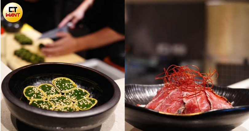 「胡麻菠菜捲」（左，200元）與選用美國牛小排輕微炙燒、搭配水果醋的「生牛肉」（390元），都適合做為開胃前菜或用於中場轉換味蕾。（圖／魏妤靜攝）