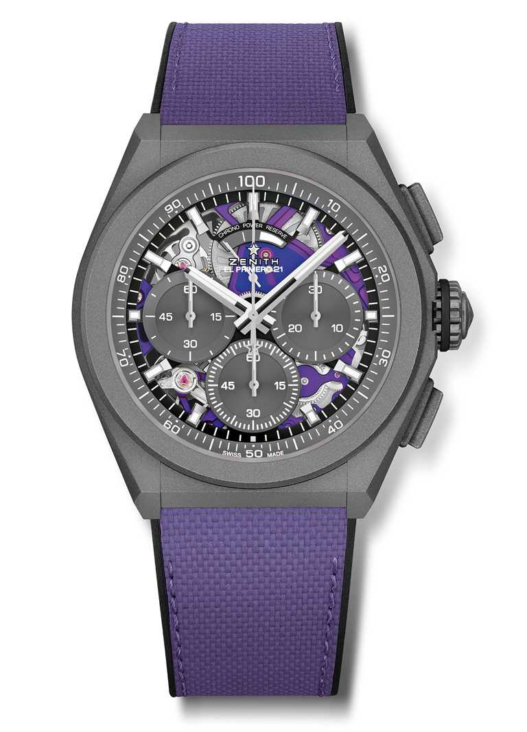 ZENITH「Defy El Primero 21 Ultraviolet」腕錶，微噴砂鈦金屬錶殼，44mm，El Primero 9004型自動上鏈機芯╱430,600元。（圖╱ZENITH提供）