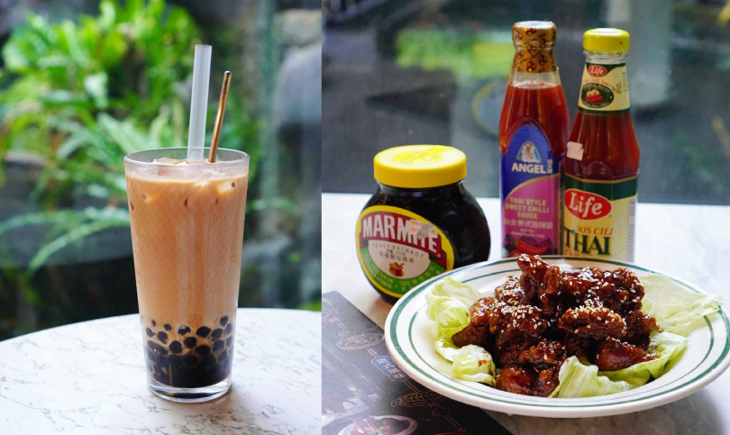 以自家熬煮的黑糖珍珠搭配馬來西亞拉茶專用Wanggi紅茶粉的「黑糖珍珠拉茶」（左，90元）；「Mami雞」雞肉個頭小、一口一個，醬汁調配得甜鹹適中。（250元）