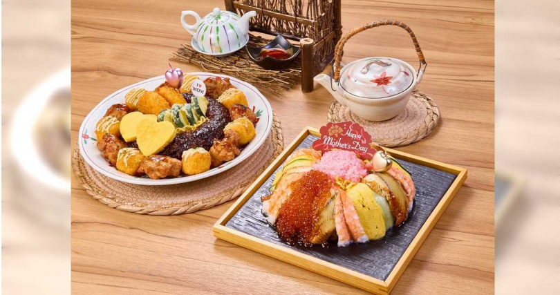 大江戶町鰻屋推出兩款母親節蛋糕「我愛鰻鰻」（右，1,688元）、「黑皮嘛樂」。（1,388元，圖／大漁餐飲提供）