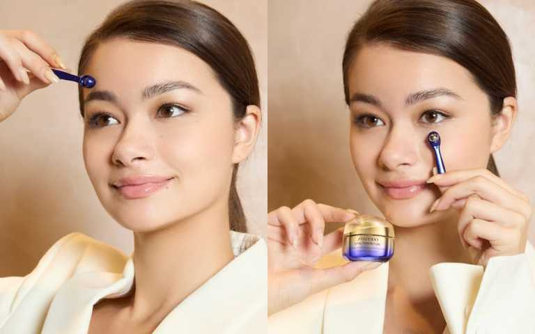 用冰珠後側進行撥筋按摩，也可以按摩眼周穴道幫助眼霜發揮更好效果。（圖／廖怡婷攝、品牌提供）