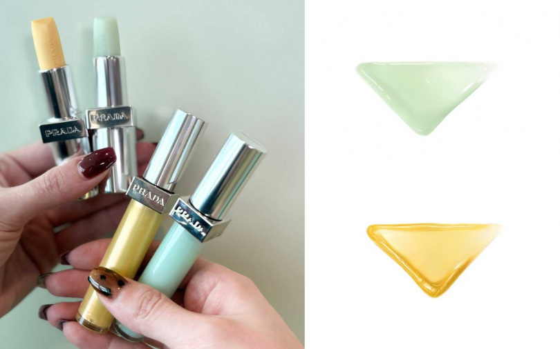喜歡PRADA經典潤唇膏的女孩，當然不能錯過同款色選的#U000顛覆綠、#U002妄甜香蕉。（圖／吳雅鈴攝、品牌提供）