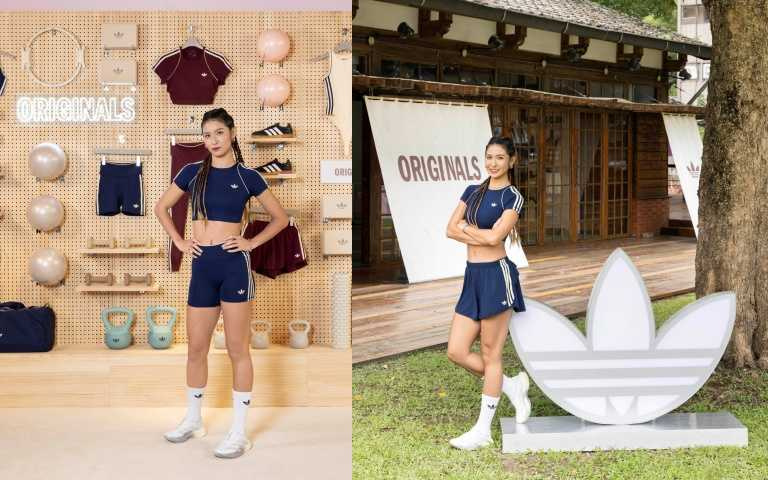 廖晏均穿上adidas Originals ORIGINALS SPORT短袖上衣2,090元、緊身短褲1,890元、運動短褲1,890元、ADIZERO EVO SL跑鞋4,890元。（圖／品牌提供）