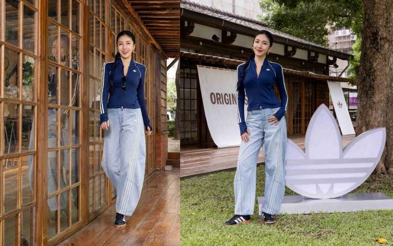 楊謹華穿上adidas Originals ORIGINALS SPORT長袖外套2,890元、丹寧長褲4,890元、TRAINING SPEZIAL鞋款3,890元。（圖／品牌提供）