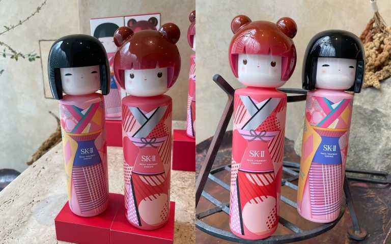   全新青春露春日娃娃和服限定版將於3月8日於全台百貨上市。SK-II青春露 TOKYO GIRL限定版 粉紅和服(左)/紅和服(右)／6,575元。  