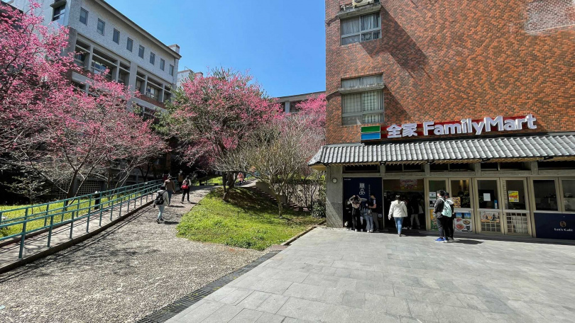平日限定的「全家」暨大人文店，座落暨南大學人文學院一樓，店舖旁坡道即是櫻花樹，為學生、民眾遊逛校園前後採買餐點、稍作休憩的好所在。（圖／全家提供）