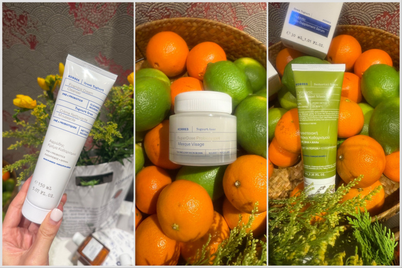 明星熱賣品包括（左）KORRES希臘優格保濕舒緩潔顏乳150ml/980元，（中）KORRES希臘優格保濕舒緩面膜100ml/1580元，（右）KORRES聖托里尼葡萄超抗氧活膚面膜70ml/1280元。（圖／黃筱婷攝）
